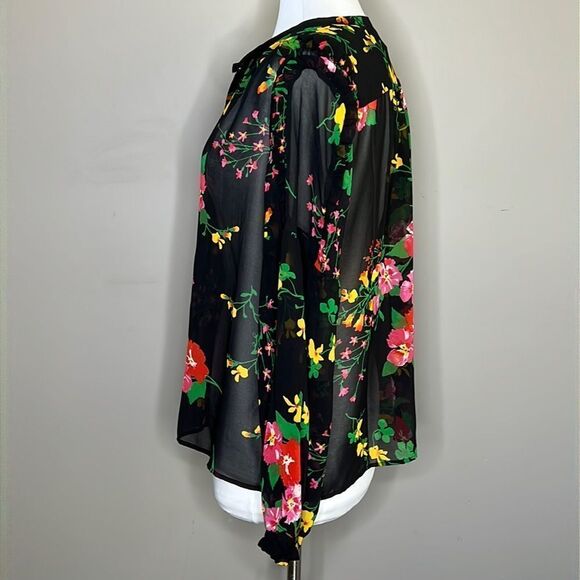 CABI Thespian Blouse #5706 Bold Jewel Tone Floral Pullover Ruffle Sleeve Blouse - Picture 6 of 11